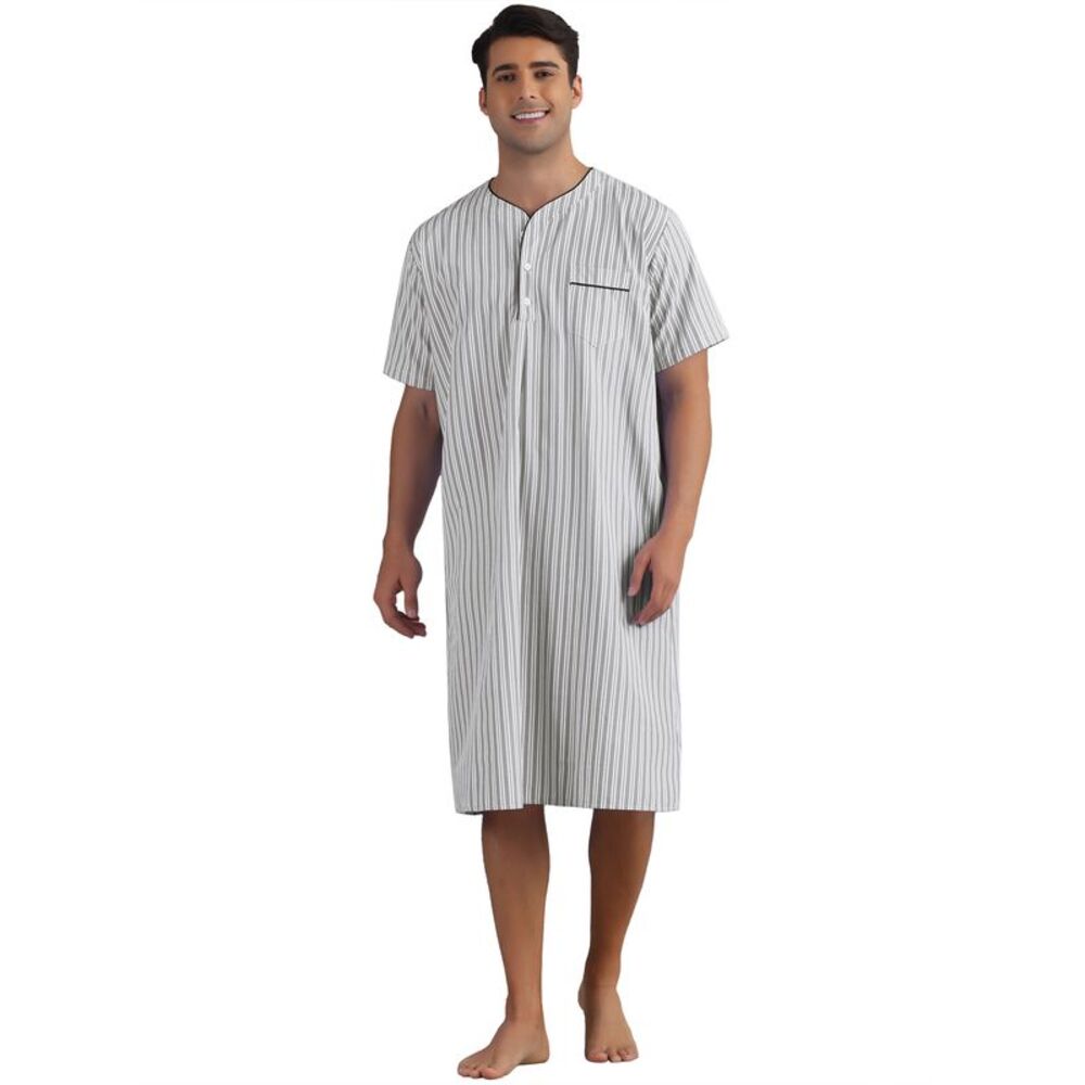 Short Sleeve Button Down Sleep Shirts V-Neck Stripes Nightgown Gray
